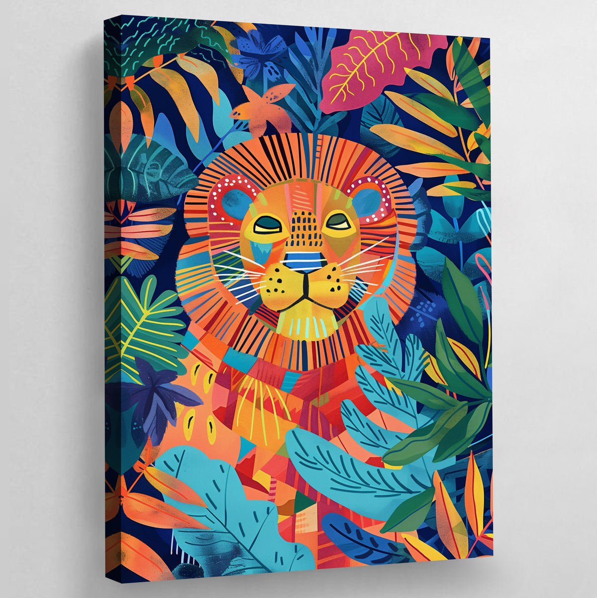 Tableau Lion Coloré : Illustration vibrante et colorée d'un lion entouré d'un feuillage tropical luxuriant.