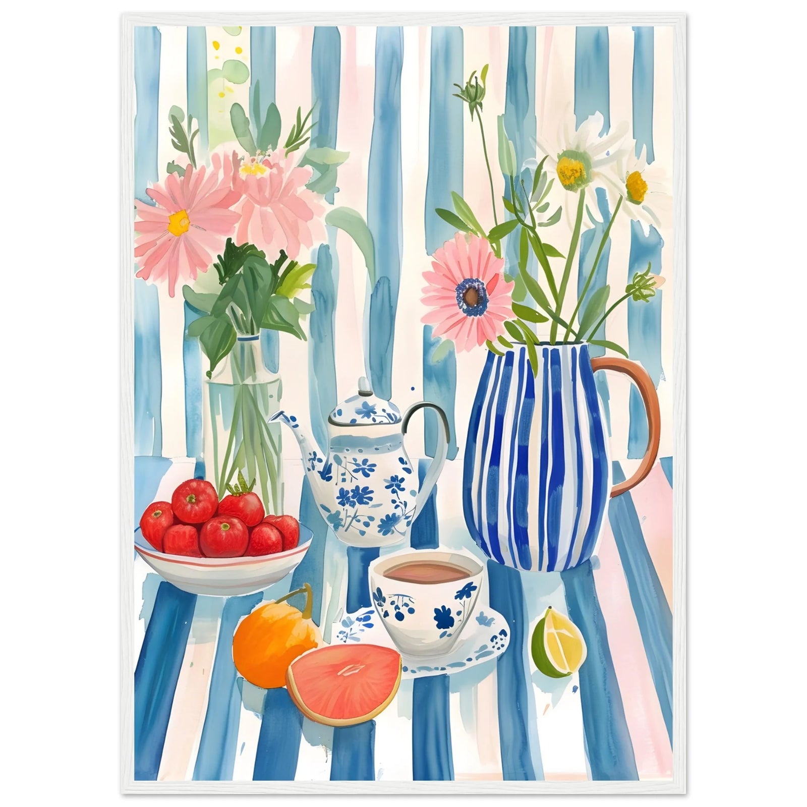 Tableau Décoration Murale Cuisine : Aquarelle représentant une nature morte avec nappe à rayures bleues, compositions florales, théière, tasse à thé, fruits et bol de tomates.