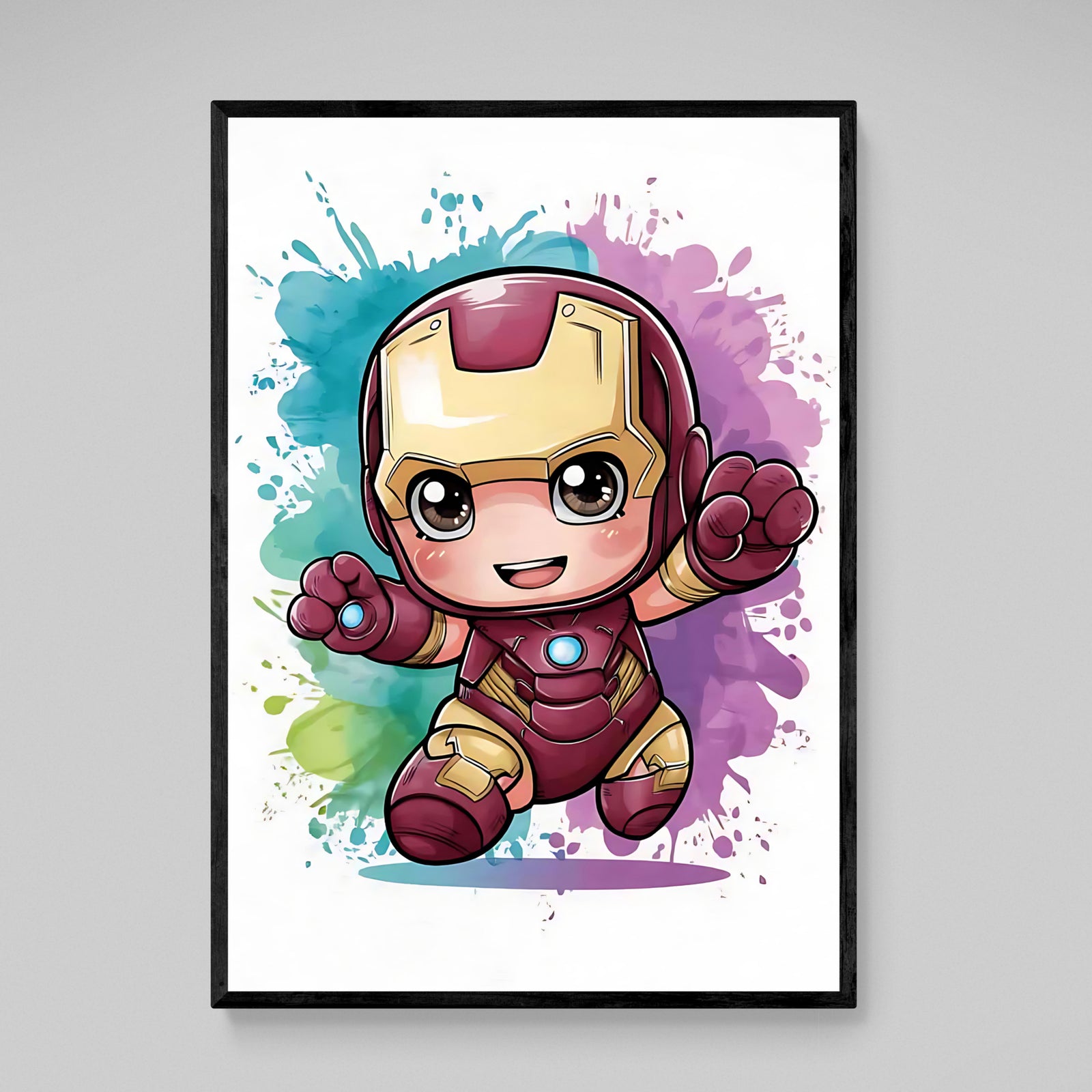 Adorable illustration Iron Man pour chambre d'enfant. Illustration chibi Iron Man sur fond aquarelle.
