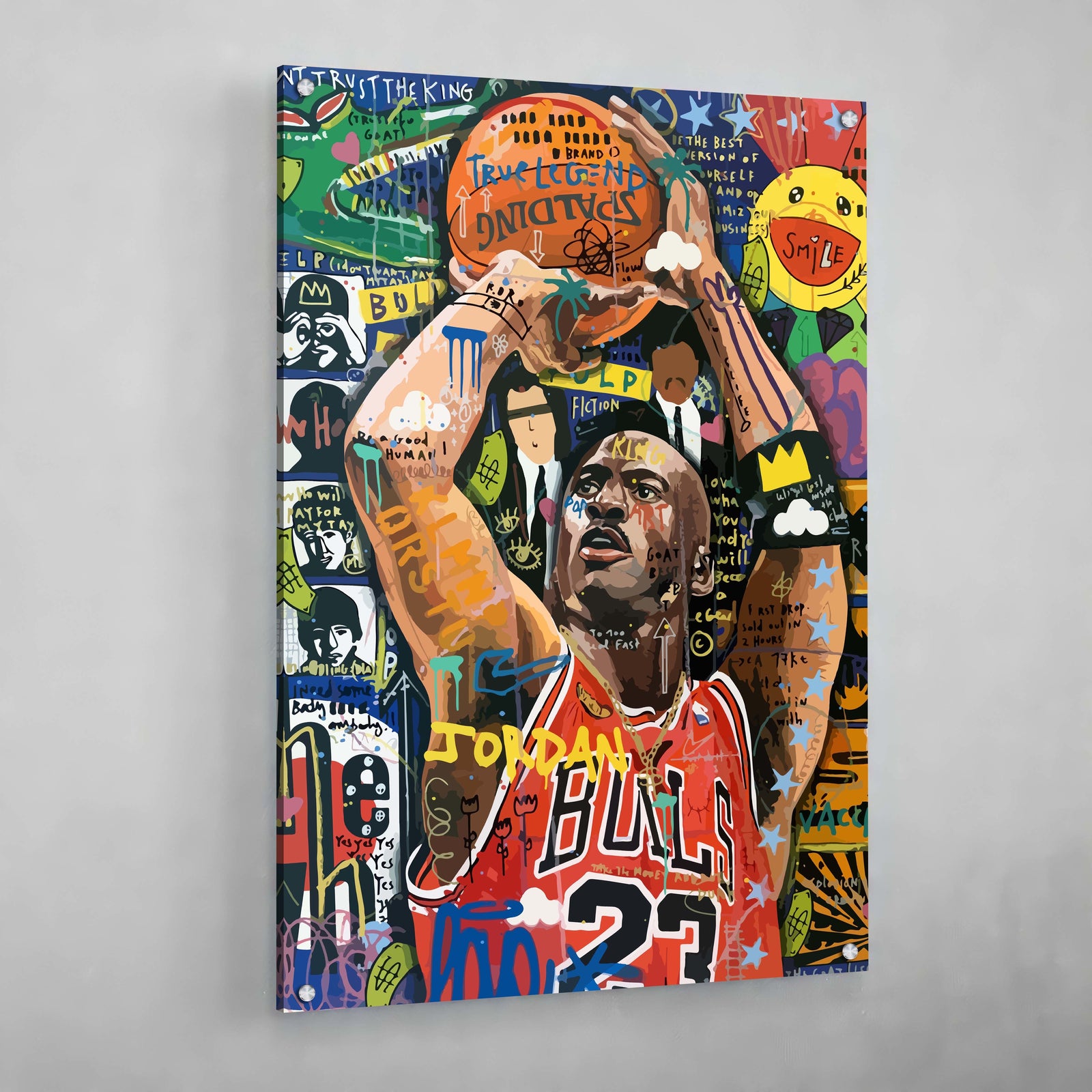 Tableau Street Art Michael Jordan : Œuvre d'art vibrante de style graffiti mettant en scène Michael Jordan jouant au basket-ball.