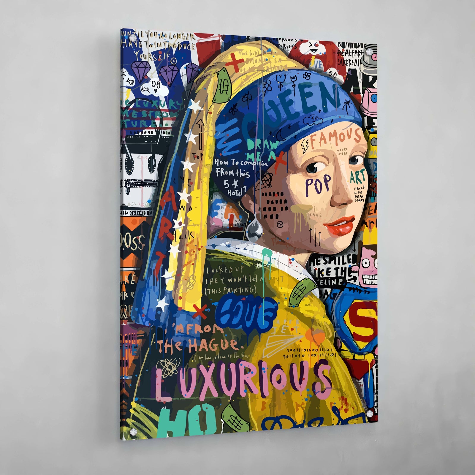 Tableau Street Art La Jeune Fille à La Perle: Vibrant graffiti art remix of Vermeer's Girl with a Pearl Earring. Bold colors, pop art style.