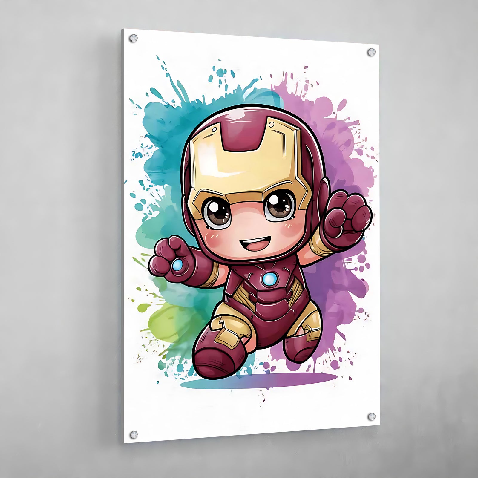 Adorable affiche Iron Man pour chambre d'enfant. Adorable motif chibi Iron Man sur fond aquarelle coloré.