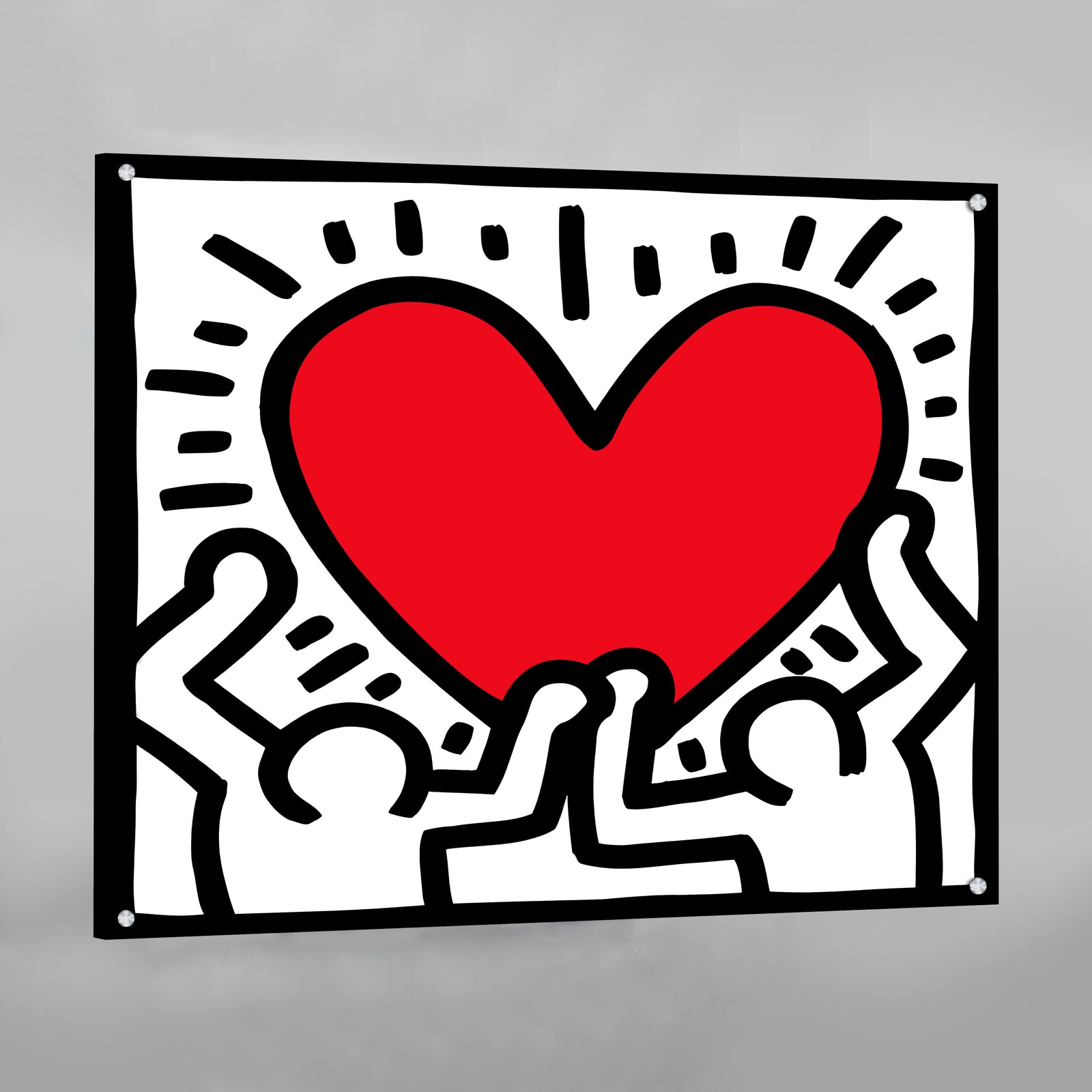 Tableau Cœur Keith Haring : un cœur rouge vif orné de deux figures emblématiques de Haring. Lignes noires audacieuses sur fond blanc.