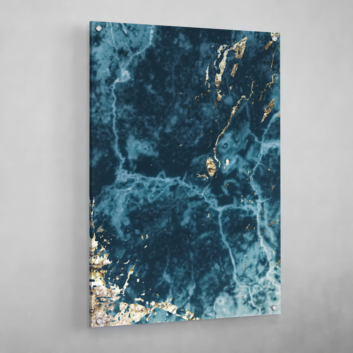 Tableau Bleu Marbre : Art mural en acrylique marbré bleu sarcelle et or avec des veines élégantes et des accents métalliques.