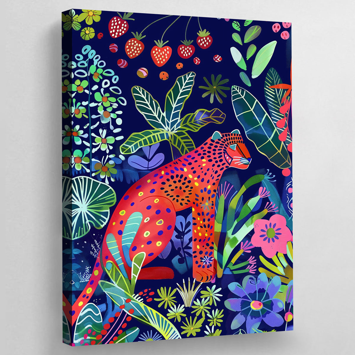 Tableau Léopard Coloré : Léopard rouge vif au milieu de fleurs et de feuilles tropicales colorées sur un fond bleu foncé.