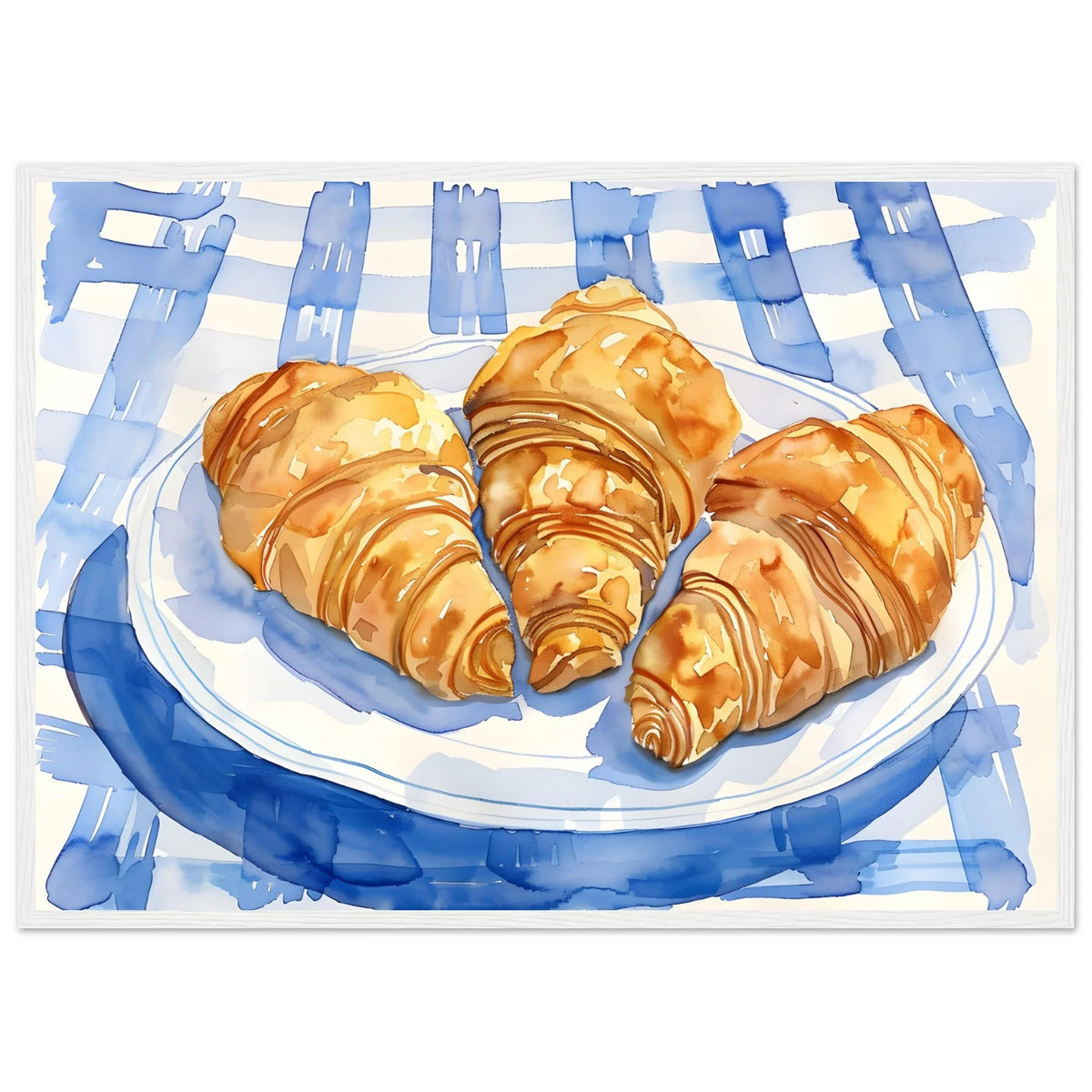 Tableau Décoration Cuisine : Aquarelle représentant trois croissants sur une assiette bleue et blanche, posés sur une nappe vichy bleue et blanche.