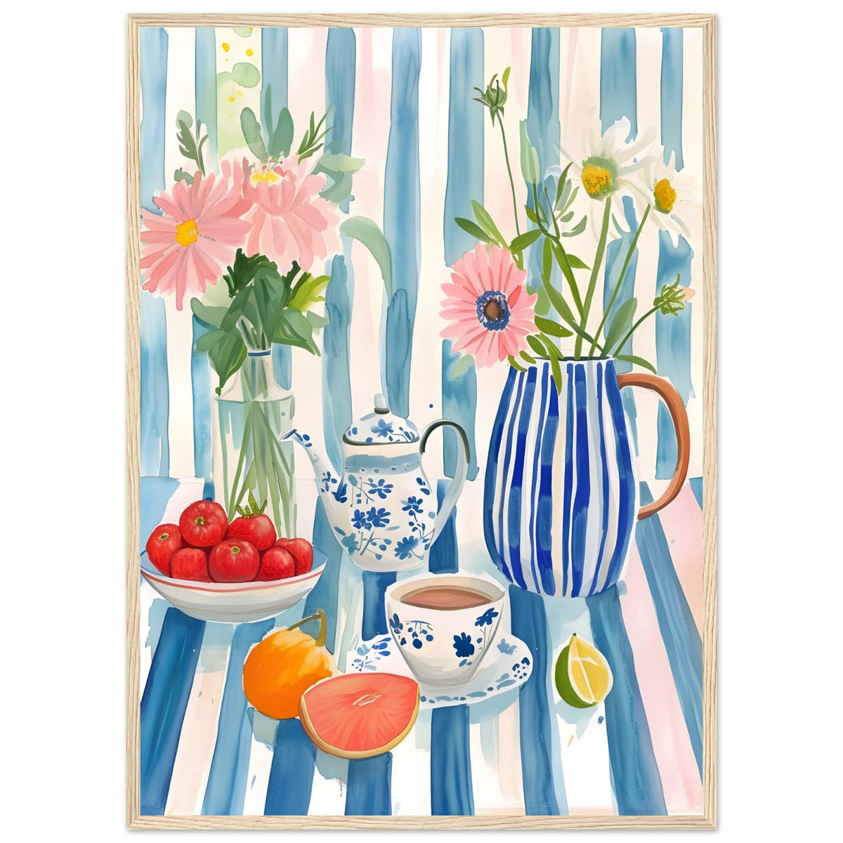 Tableau Décoration Murale Cuisine : Peinture à l'aquarelle de fruits, de fleurs, de tasse à thé et de théière sur une nappe à rayures bleues et blanches.