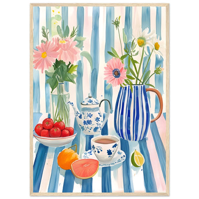 Tableau Décoration Murale Cuisine : Peinture à l'aquarelle de fruits, de fleurs, de tasse à thé et de théière sur une nappe à rayures bleues et blanches.