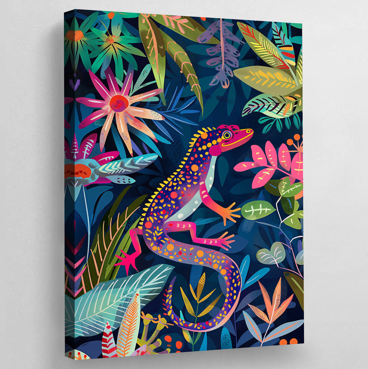 Tableau Lézard Coloré : Illustration vibrante d'un lézard coloré au milieu d'un feuillage et de fleurs tropicales luxuriantes.