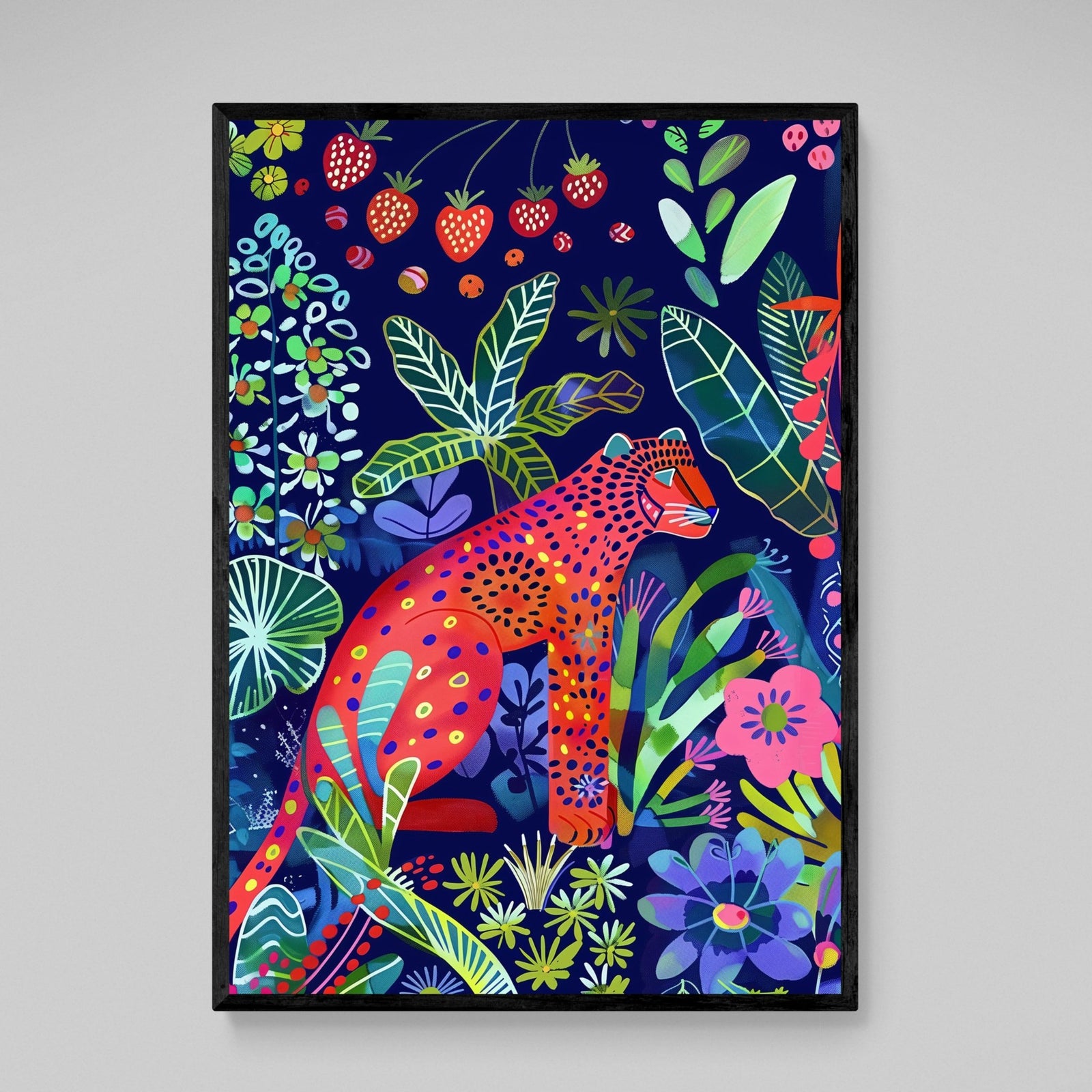 Tableau Léopard Coloré : Léopard rouge vif au milieu de fleurs et de feuilles tropicales colorées sur un fond bleu foncé.