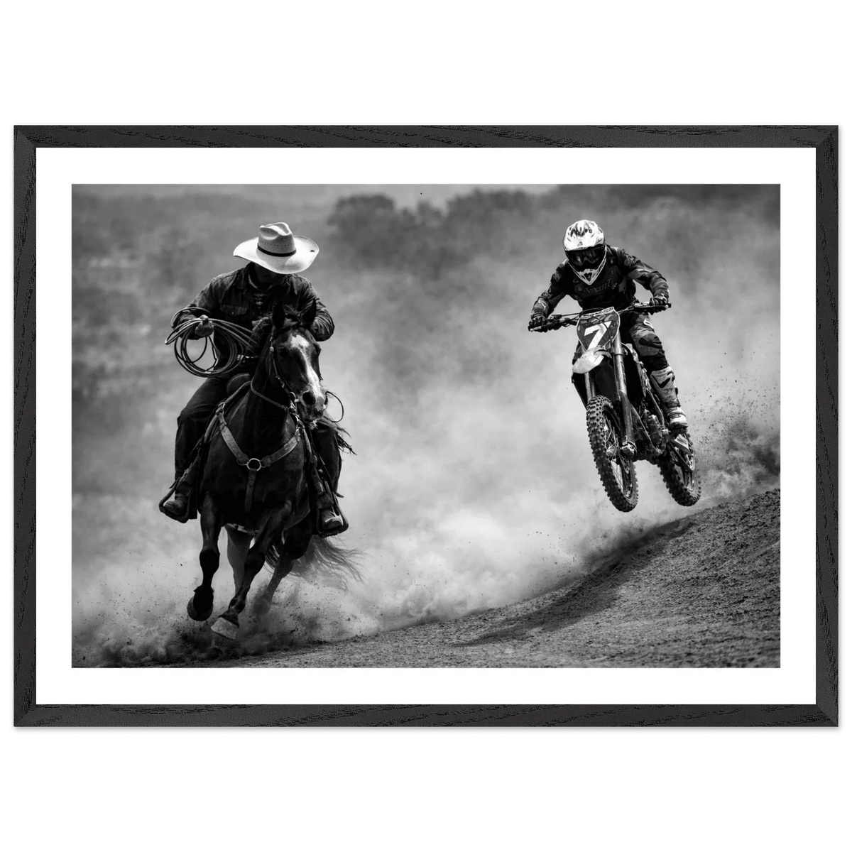Tableau Noir et Blanc Cowboy Motocross - The Art Avenue
