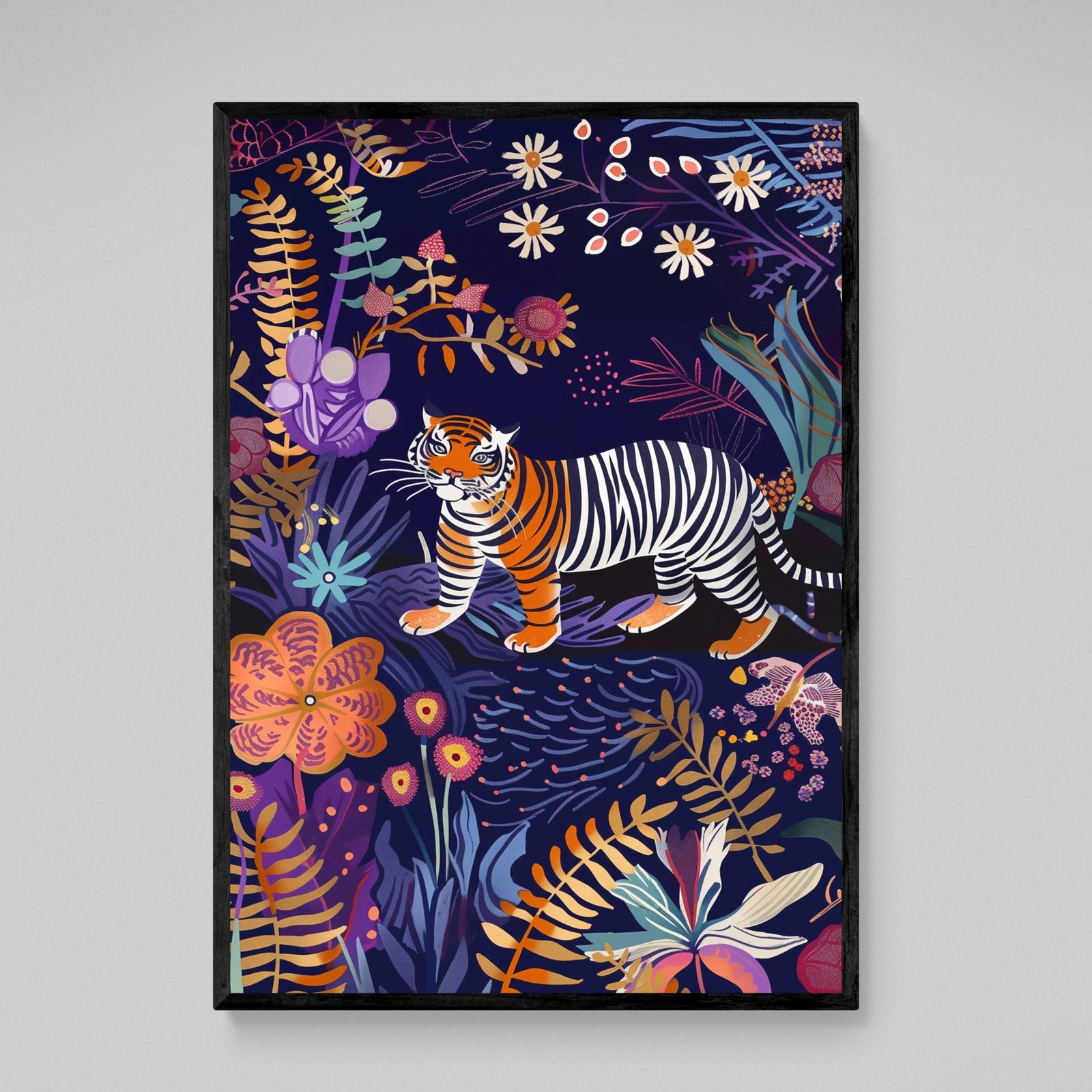 Tableau Tigre Coloré : Œuvre vibrante mettant en scène un tigre au milieu d'une jungle florale luxuriante et colorée.