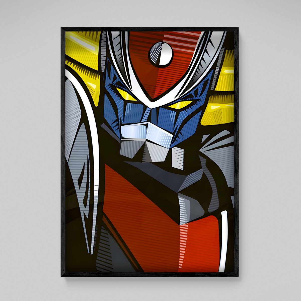 Tableau Goldorak Pop Art : Portrait pop art audacieux et stylisé de Goldorak, avec des couleurs vibrantes et des formes géométriques.