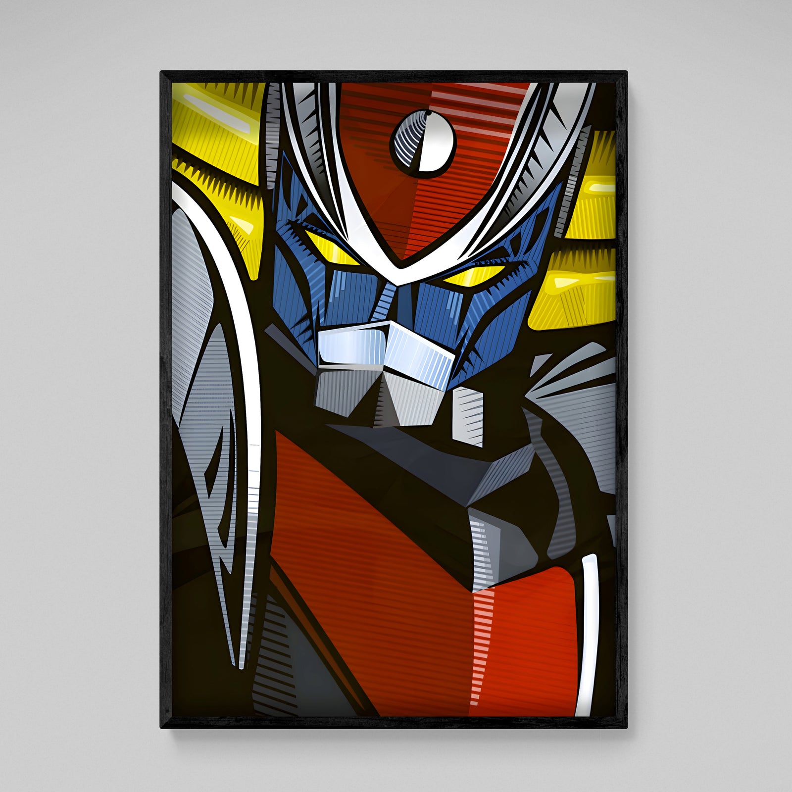 Tableau Goldorak Pop Art : Portrait pop art audacieux et stylisé de Goldorak, avec des couleurs vibrantes et des formes géométriques.