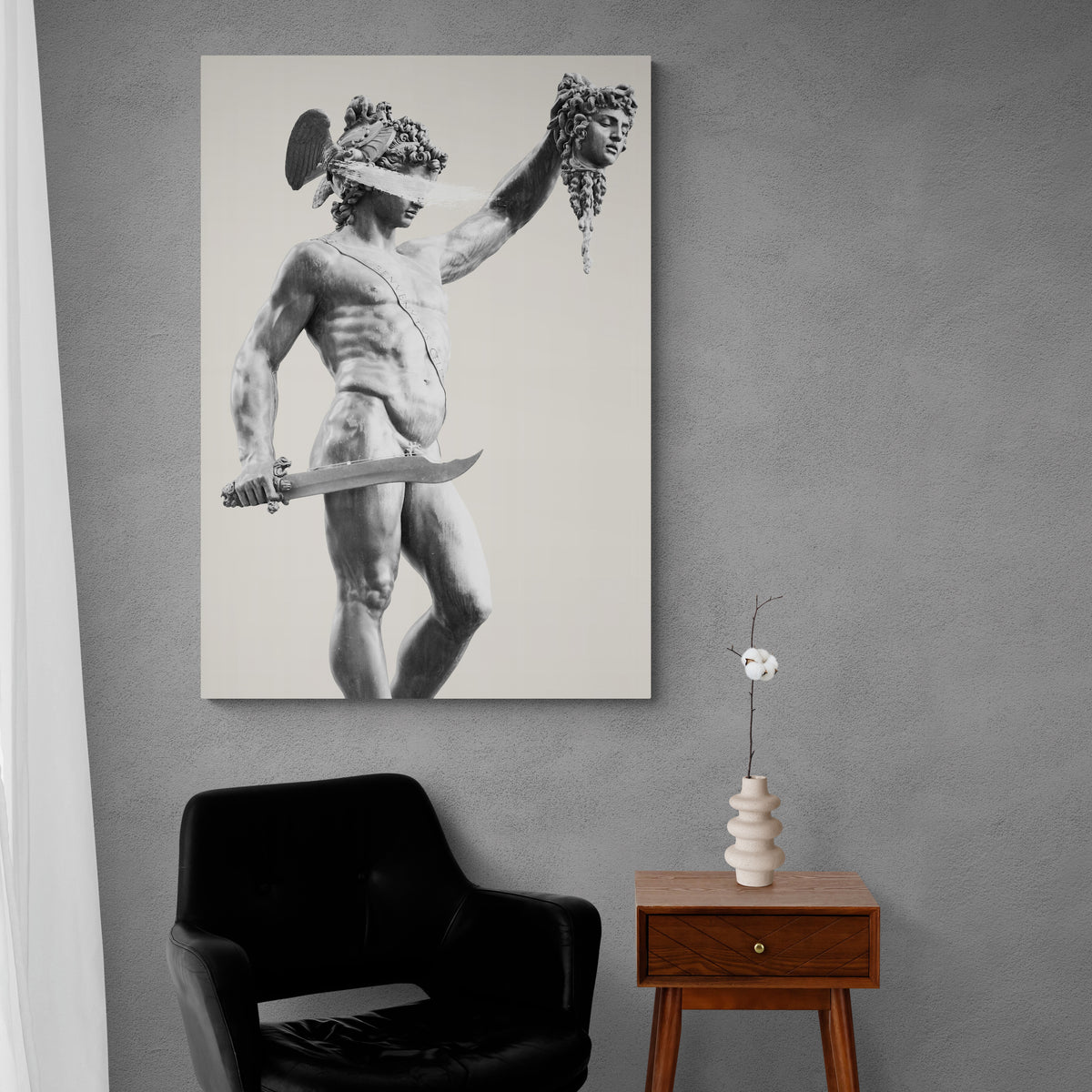 Tableau Persée et Méduse : Impression sur toile noir et blanc d'une sculpture classique représentant Persée tenant la tête coupée de Méduse.