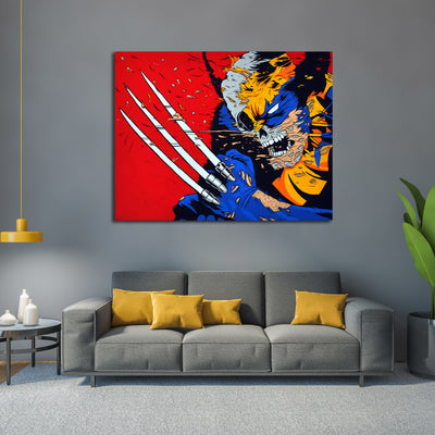Tableau Wolverine : Peinture pop art dynamique de Wolverine, griffes déployées, en rouge, bleu et jaune vibrants