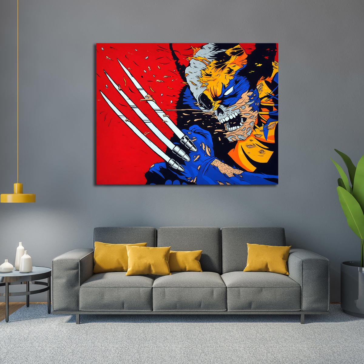 Tableau Wolverine : Peinture pop art dynamique de Wolverine, griffes déployées, en rouge, bleu et jaune vibrants