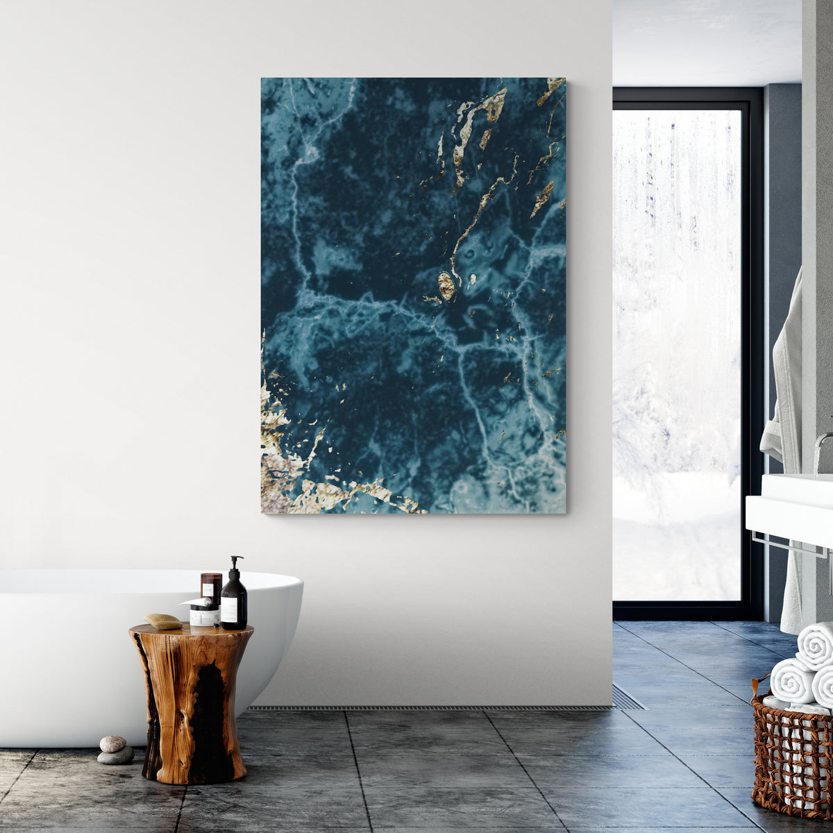 Tableau Bleu Marbre : Grande impression sur toile présentant une texture de marbre bleu sarcelle avec des accents dorés, idéale pour une décoration de salle de bain moderne.